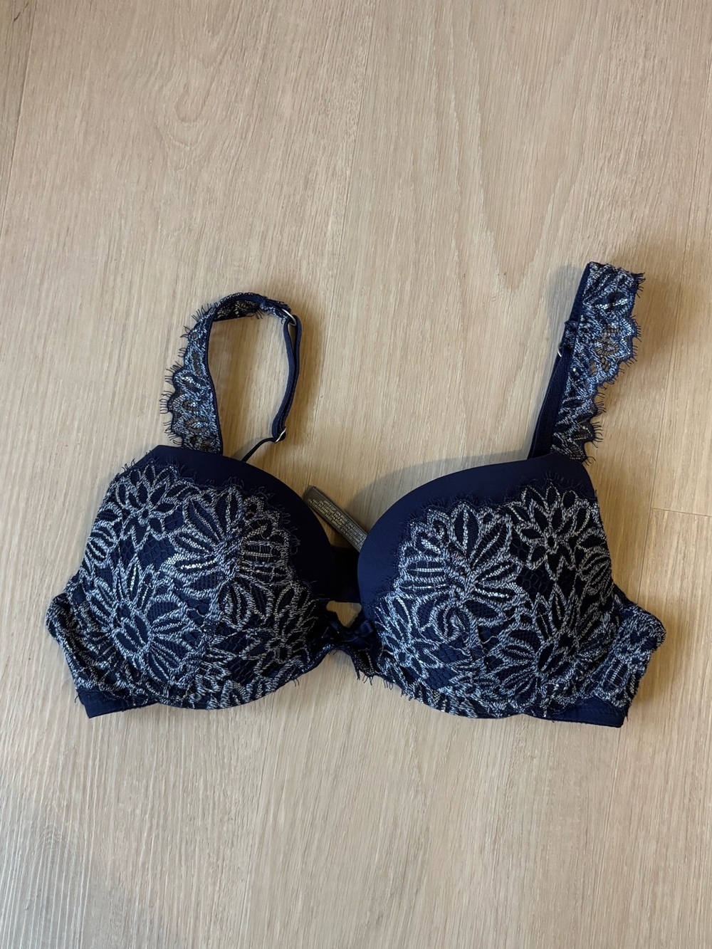 aerie Navy Bra with Silver Floral Lace